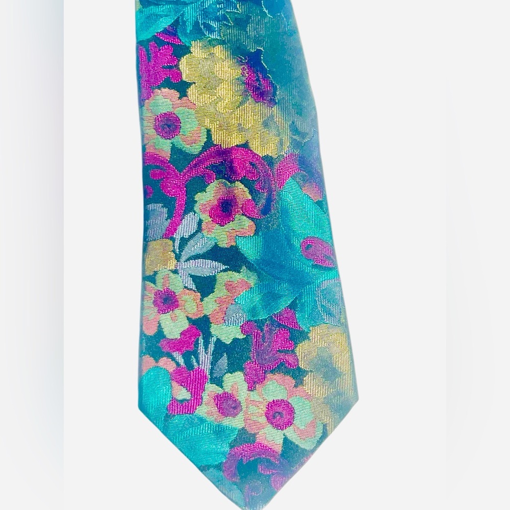 Gianni Versace Men's Vintage 90s Tie Teal Blue Floral Silk Floral Necktie
